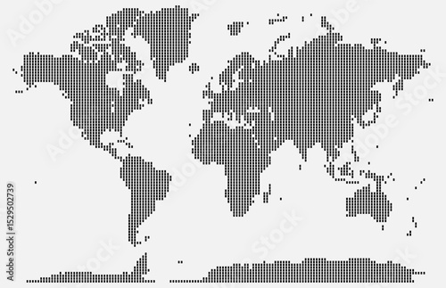 Realistic vertical line shape dotted world map feathering abstract country boundary. Vector vertical line shape dotted representation of global landmasses. Emphasizes topography and physical geography