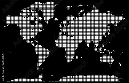 Dotted in squire shape atlas map featuring Africa, Europe, Asia, and the Americas in a simple, elegant clip art format. Eye catching squire shape dotted world map feathering abstract country boundary