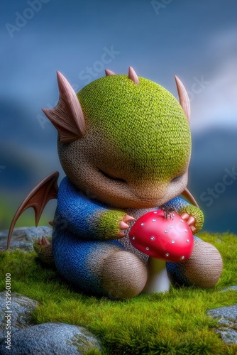 Adorable Mossy Dragon Holding a Mushroom