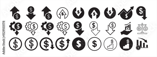 Business Finance and Growth Icons Set. Dollar Symbols, Charts, and Market Trends in Line and Solid Style. Victor illustration eps 10