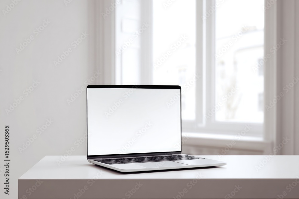 Fototapeta premium laptop on minimalist desk with open videoconferencing app window sleek setting