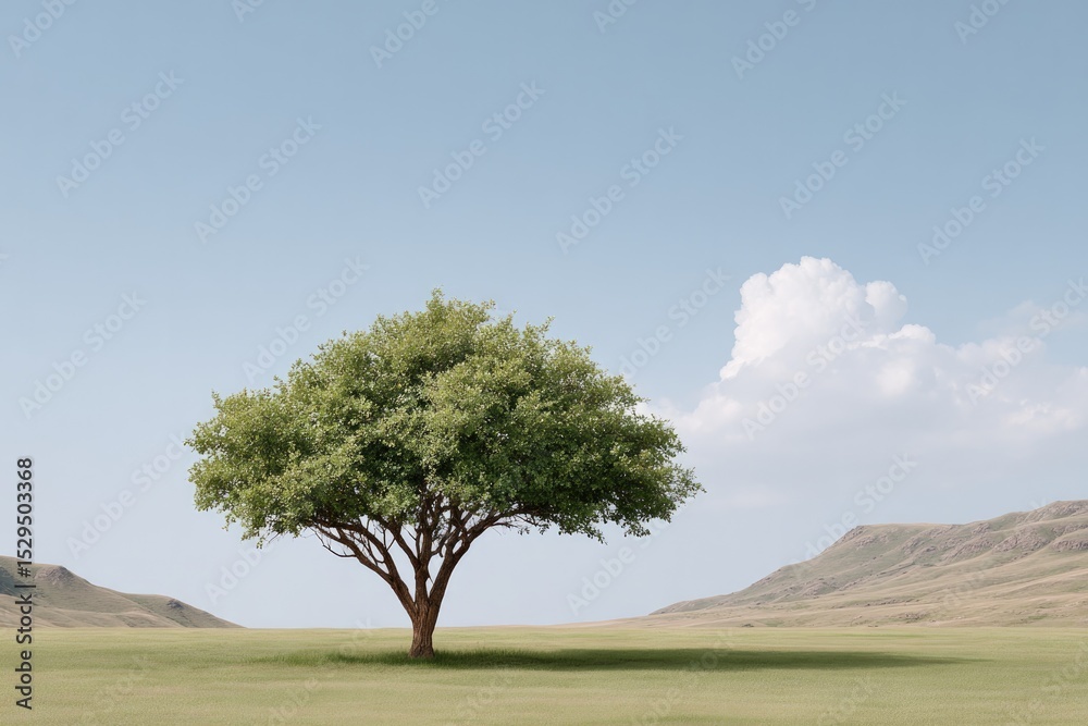 Obraz premium lone apricot tree in serene uzbek landscape stands under infinite sky embodying minimalistic beauty