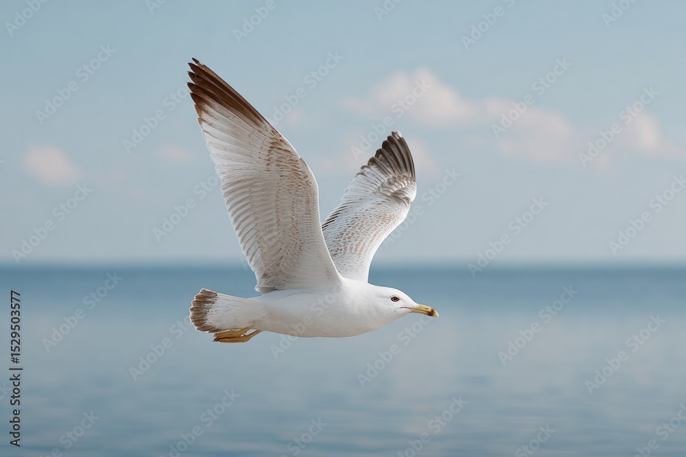 Fototapeta premium lone seagull soaring above tranquil ocean its reflection shimmering on water surface