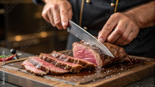 A chef slices a perfectly cooked medium-rare steak on a wooden cutting board, showcasing its juicy texture and pink center.