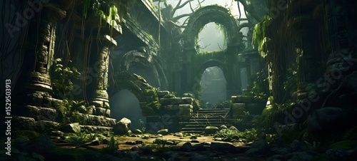 depicting ancient ruins overgrown with vines and foliage, ai generative