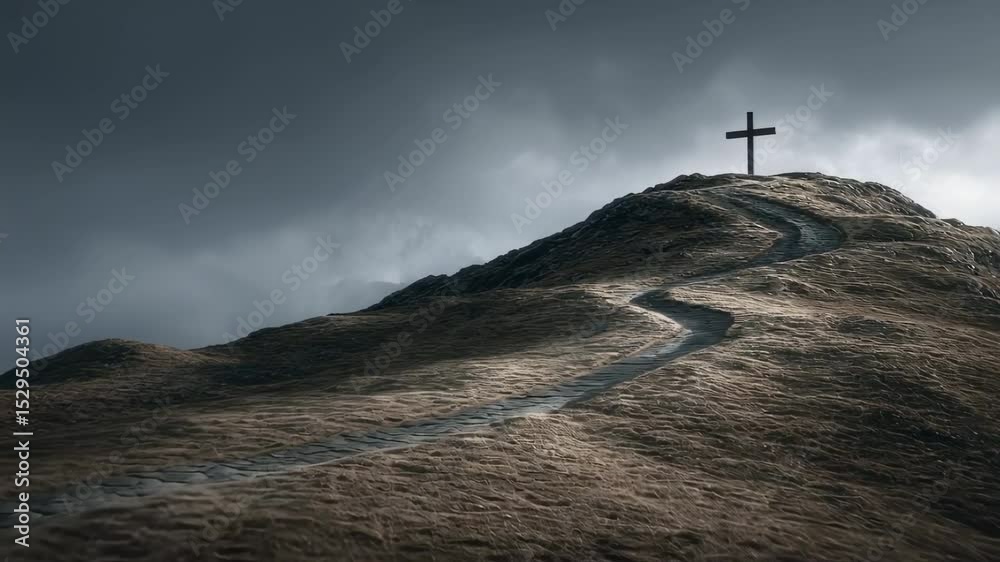 Concept photo of a cross on a hill, with a winding path leading up to it, symbolizing the journey of faith and the challenges and triumphs along the way.