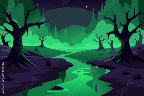 Enchanted forest river at night green landscape