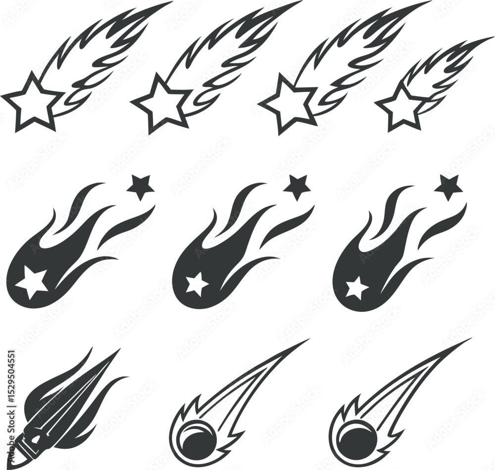 Fototapeta premium This collection of black and white silhouette images features various celestial elements, including crescent moons, stars, and meteors or comets.