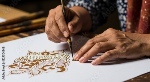 Intricate batik design being carefully drawn on white paper with a fine brush.