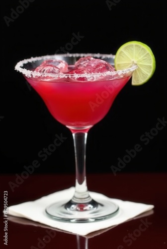 Wallpaper Mural Cranberry Margarita Cocktail: A vibrant cranberry margarita cocktail, garnished with a lime wedge and a sugared rim, sits on a napkin against a dark background. Torontodigital.ca