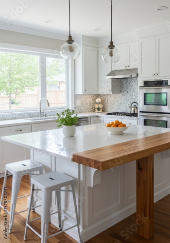 Bright White Kitchen with Wood Island and Breakfast Bar