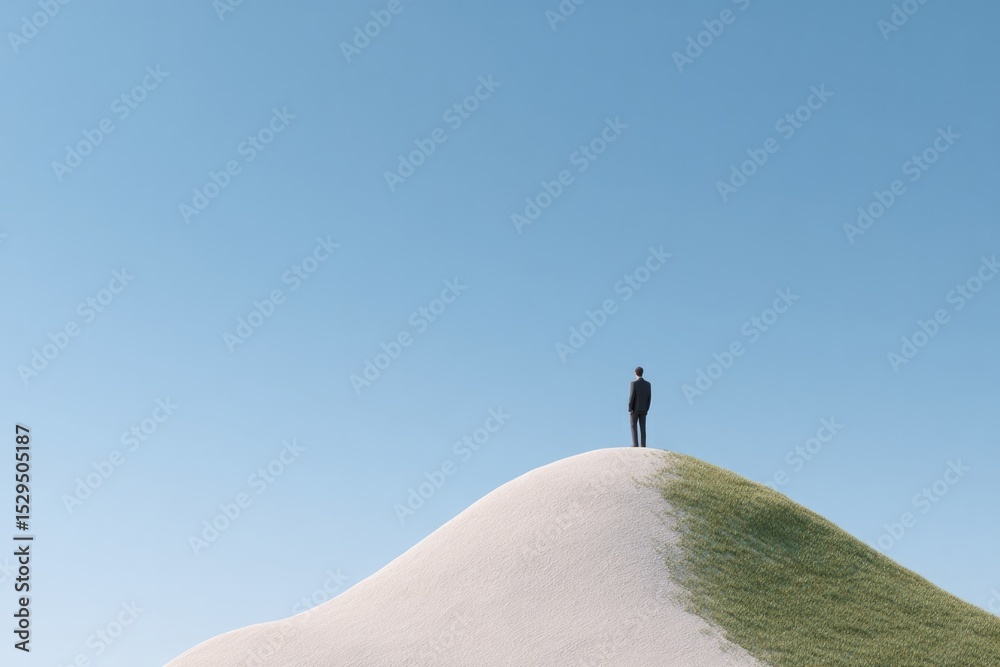 Obraz premium single figure triumphantly stands atop smooth featureless hill under expansive blue sky