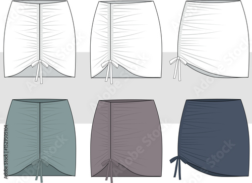 Asymmetric mini skirt set with gathered detail fashion technical drawing, illustration. woman mini skirt with bow technical drawing, flat sketch,  CAD, mock up set.