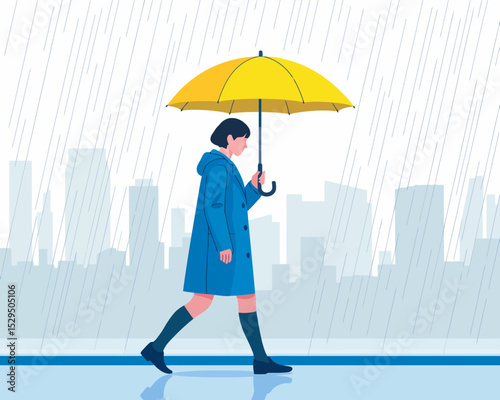 Walking in the Rain with Yellow Umbrella