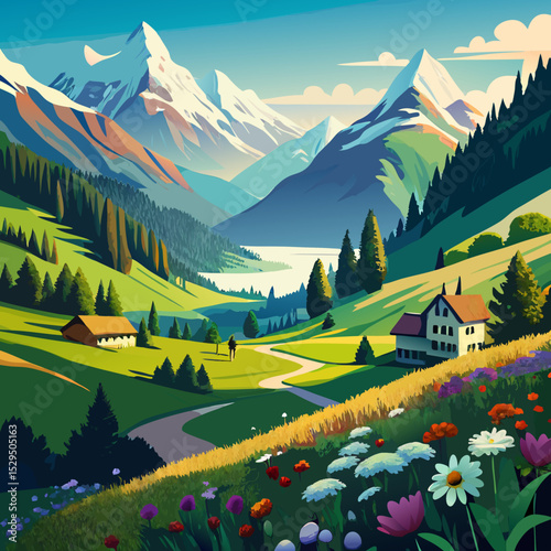 A serene mountain valley filled with wildflowers in Switzerland

