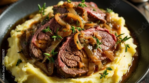 A dish of stewed beef tongue served with mashed potatoes in a creamy sauce. The tongue slices are covered with a sauce with caramelized onions and herbs. photo