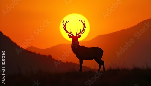 Majestic deer silhouette against a vibrant sunset in a mountainous landscape photo