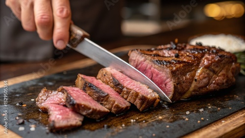 A hand slices a perfectly cooked medium-rare steak on a wooden cutting board, showcasing juicy, tender meat with a seared crust.