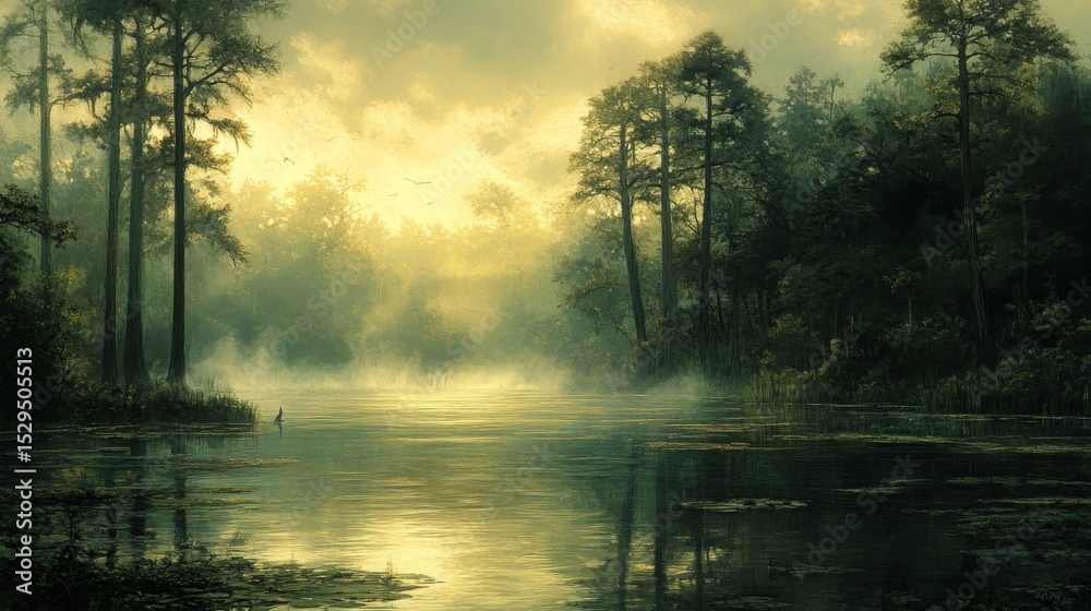 Obraz premium Misty Swamp Sunrise Landscape Painting
