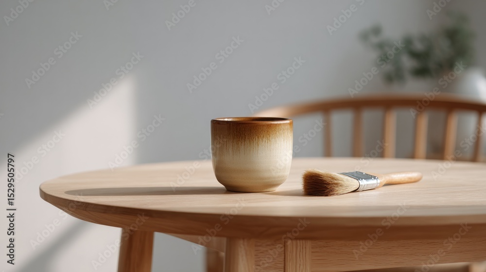 Fototapeta premium smooth wooden table holds single brush and small pot of decoupage glue