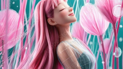 Anime Style Woman with Pink Hair in a Floral Garden