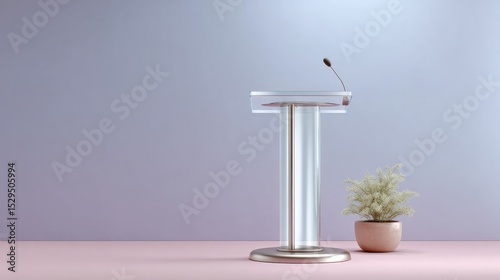 transparent glass podium stands center stage bathed in vibrant neon colors against minimalist backdrop