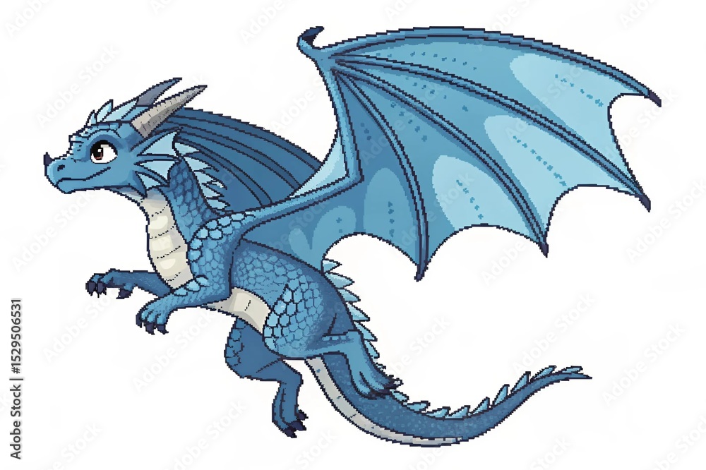 Fototapeta premium Tiny Flying Blue Dragon Pixel Art – Fantasy Style 