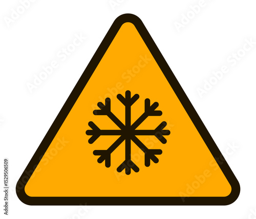 Flat vector illustration of a yellow triangular warning sign for low temperatures, featuring a black snowflake symbol on a white background, perfect for safety communication
