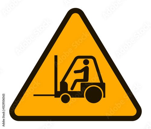 Forklift truck traffic warning sign featuring a forklift and driver within a yellow triangle bordered in black, indicating caution and hazards in industrial settings