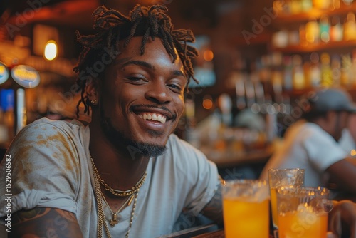 A young man with a joyful smile enjoys drinks at a bar, capturing the essence of nightlife, camaraderie, and the vibrancy of social interactions in an inviting atmosphere.