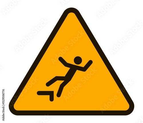Triangular warning sign with a black border and bright yellow background, illustrating a falling figure from a step, highlighting the need for safety and caution