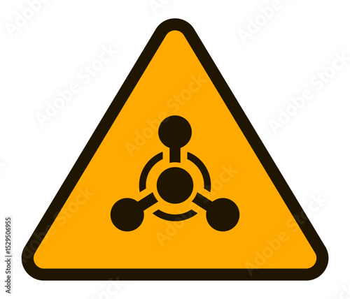 Yellow triangular warning sign featuring a stylized molecular structure, indicating the presence of hazardous chemical substances requiring caution and safety measures