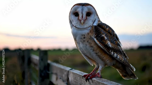 Majestic Barn Owl Perched on Wooden Fence at Sunset, Close-Up View