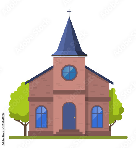 Brick church building with cross, steeple, arched windows and blue door stands among green trees under a clear sky, representing faith, community, and architectural heritage