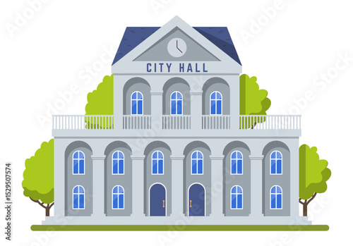Classic government building, the City Hall, stands tall with a clock, trees, and blue framed windows, symbolizing civic administration and community governance