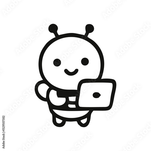 vector line art animal chibi honey bee working using laptop