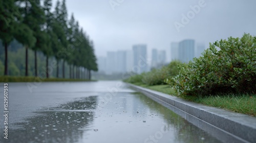 empty urban streets under rain with glistening wet pavement and few scattered reflections minimalistic atmosphere emphasized