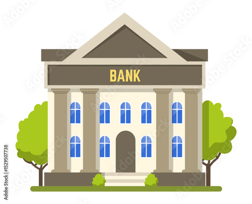 Classic bank building featuring elegant columns, a grand doorway, and nearby trees, symbolizing financial services, savings, loans, and investments in a thriving urban environment