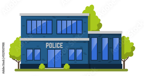 Police station building with glass windows and doors, located in a green area with trees and bushes, providing security and law enforcement services to the community