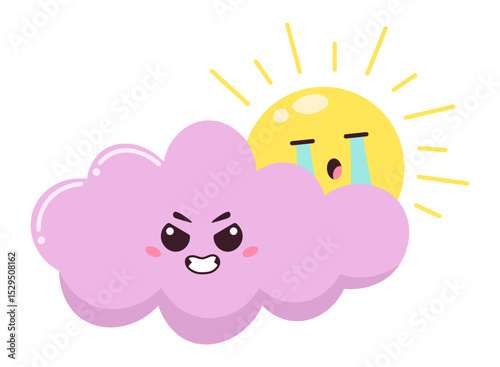Funny illustration featuring a pink cartoon cloud playfully hiding a crying sun, creating a whimsical scene ideal for children's books, animations, or weather forecasts