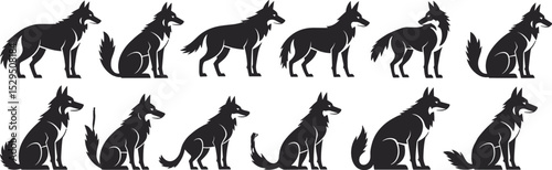 Set of black wolf silhouettes, vector illustrations of wolves in different poses, animal illustrations, wild canines, vector design flat vector illustration