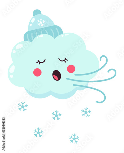Light blue cartoon cloud wearing a cozy winter hat, featuring a cheerful face, blowing snowflakes and a gentle breeze, creating a whimsical winter atmosphere
