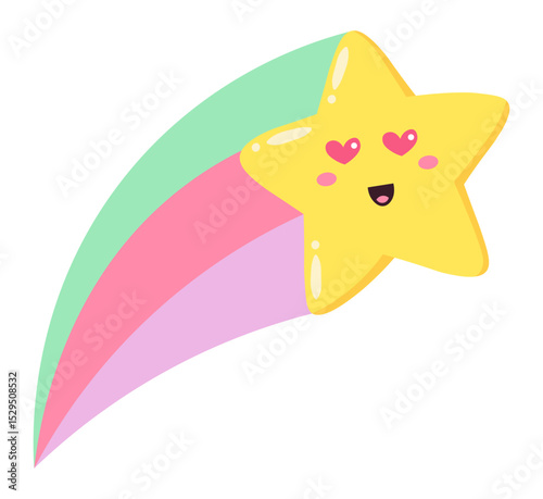 Cheerful yellow shooting star with heart shaped eyes and a smiling mouth leaves a colorful rainbow trail, creating a delightful and whimsical scene of celestial love and joy
