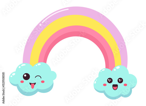 Rainbow arching over two kawaii clouds with happy faces winking and sticking out tongue, colorful illustration on white background, perfect for children projects