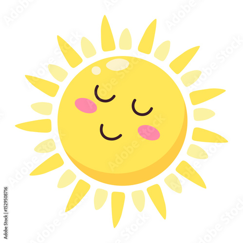 Cartoon illustration of a kawaii sun character with closed eyes, rosy cheeks and a gentle smile, evoking feelings of warmth, happiness, and summer vibes