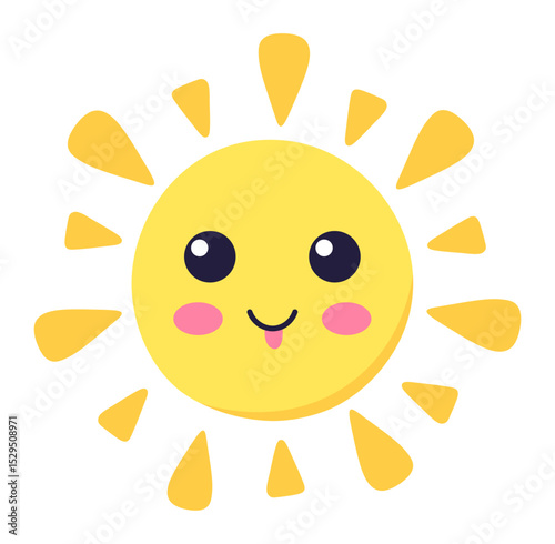 Cartoon representation of sun with big eyes and pink cheeks, sticking its tongue out in a playful and cheerful way, isolated on white background
