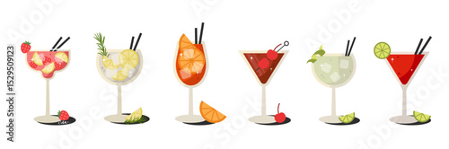 Hand drawn retro style summer cocktails. Includes manhattan, gin tonic, margarita and fruit alcoholic drinks. Stylish vector set for party decor, bar design or refreshing summer visuals