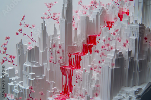 Detailed white paper models of cityscapes, with cherry blossoms flowing gracefully from one building to another, capture the delicate urban beauty and seasonal charm.