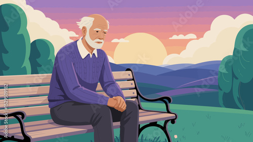 Elderly Man Sitting on Bench at Sunset