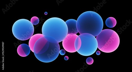 Abstract composition of vibrant, translucent spheres in shades of pink and blue against a black backdrop